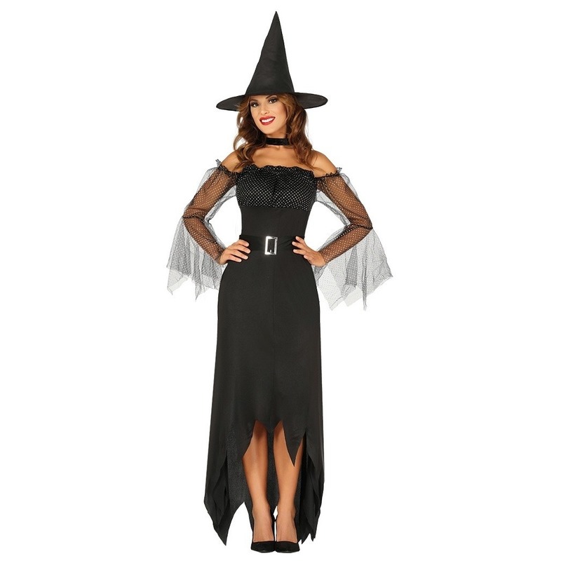 Halloween - Zwarte lange heksen verkleed kostuum jurk voor dames