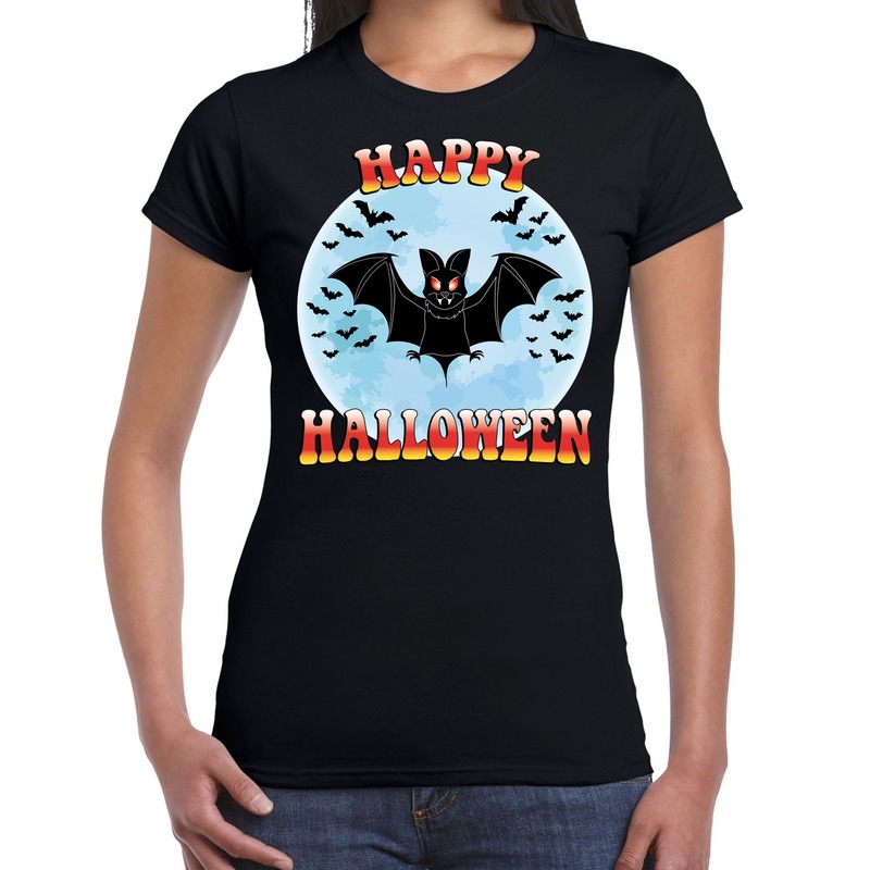 Happy Halloween vleermuis verkleed t-shirt zwart voor dames