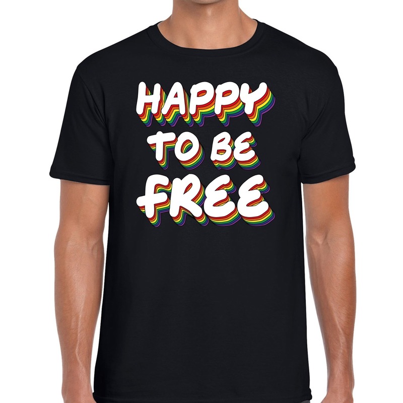 Happy to be free gay pride t-shirt zwart voor heren
