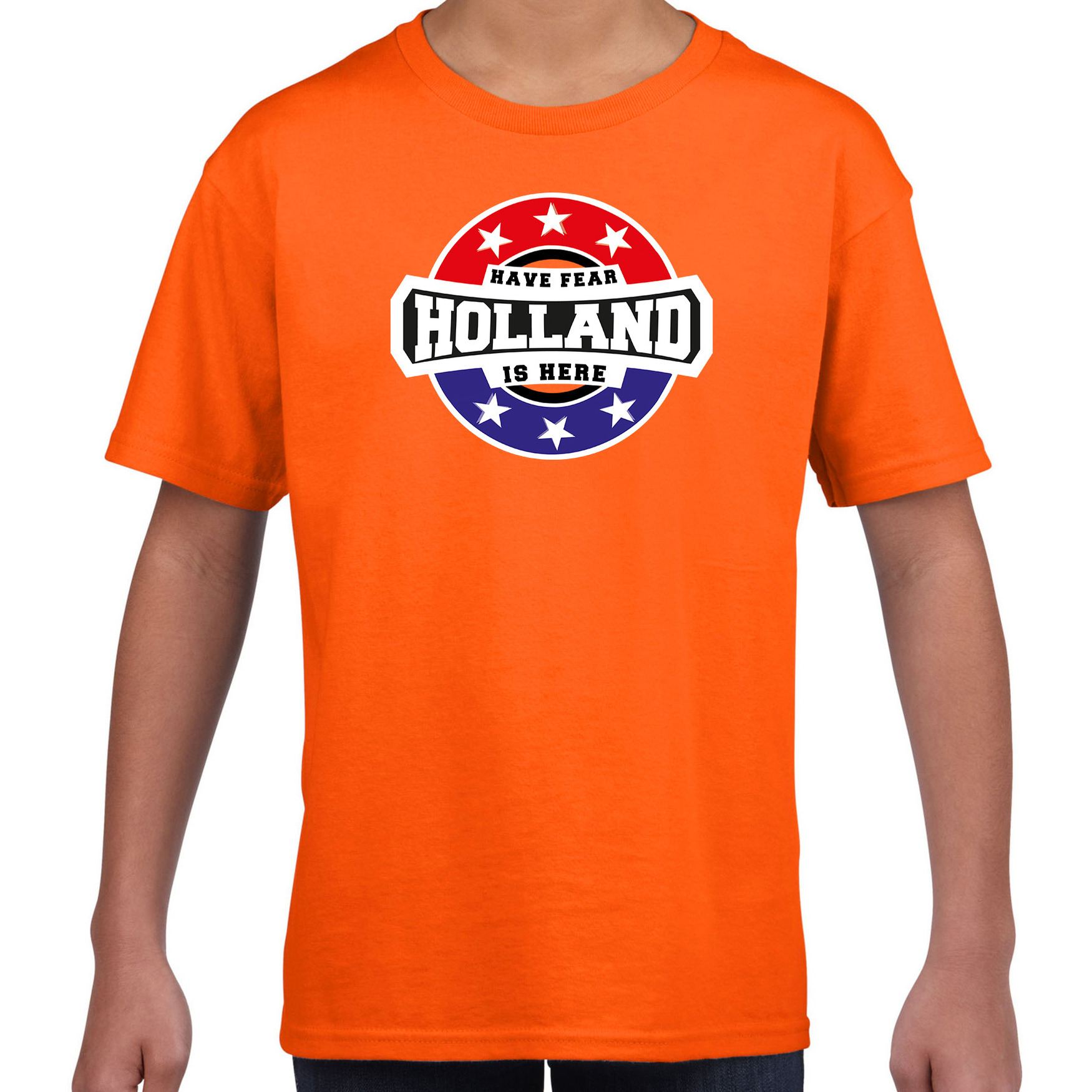 Have fear Holland is here / Holland supporter t-shirt oranje voor kids