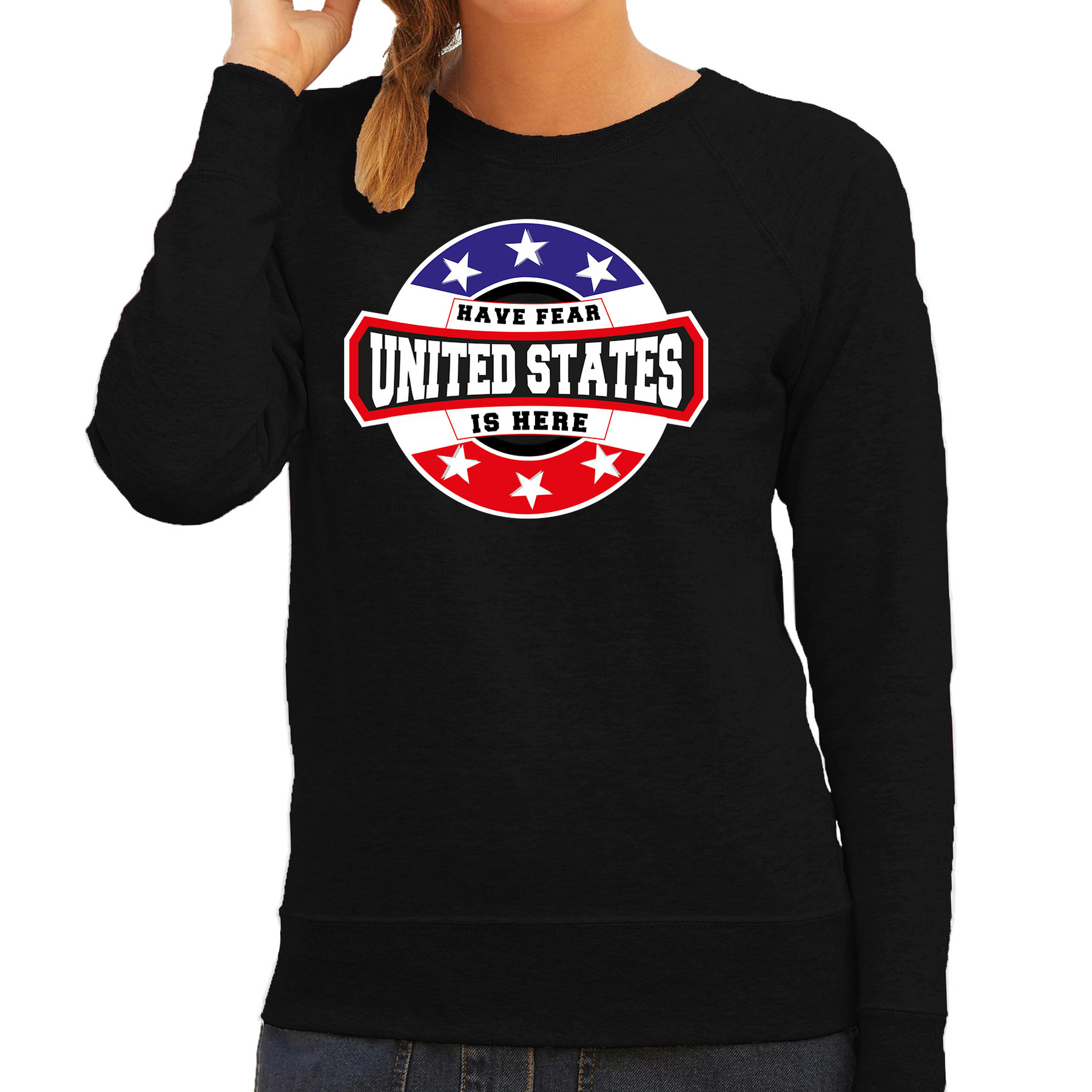 Have fear United States is here / Amerika supporter sweater zwart voor dames
