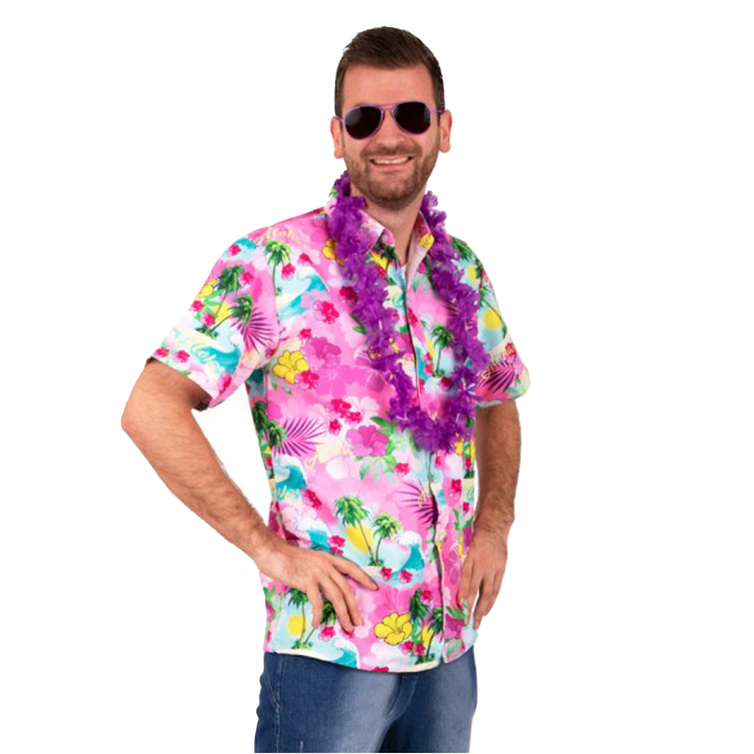 Hawaii shirt/blouse - Verkleedkleding - Heren - Tropische bloemen - roze