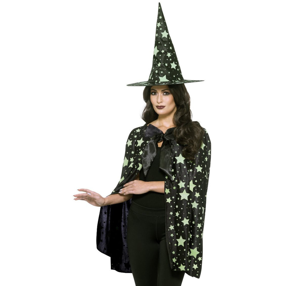 Heks verkleed kostuum/cape met hoed glow in the dark voor dames