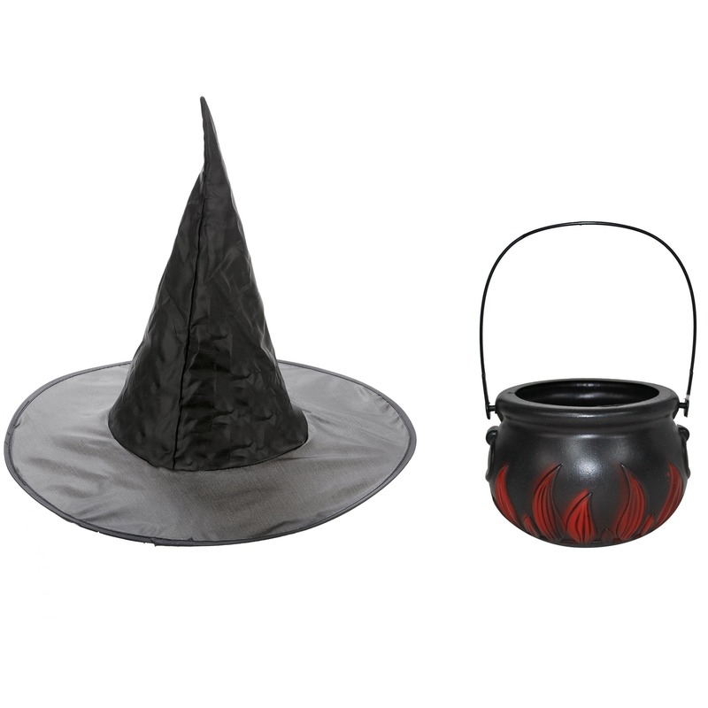Heksen accessoires set hoed met ketel 15 cm voor meisjes