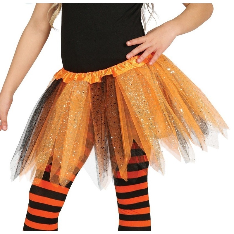 Heksen verkleed petticoat/tutu oranje/zwart glitters voor meisje