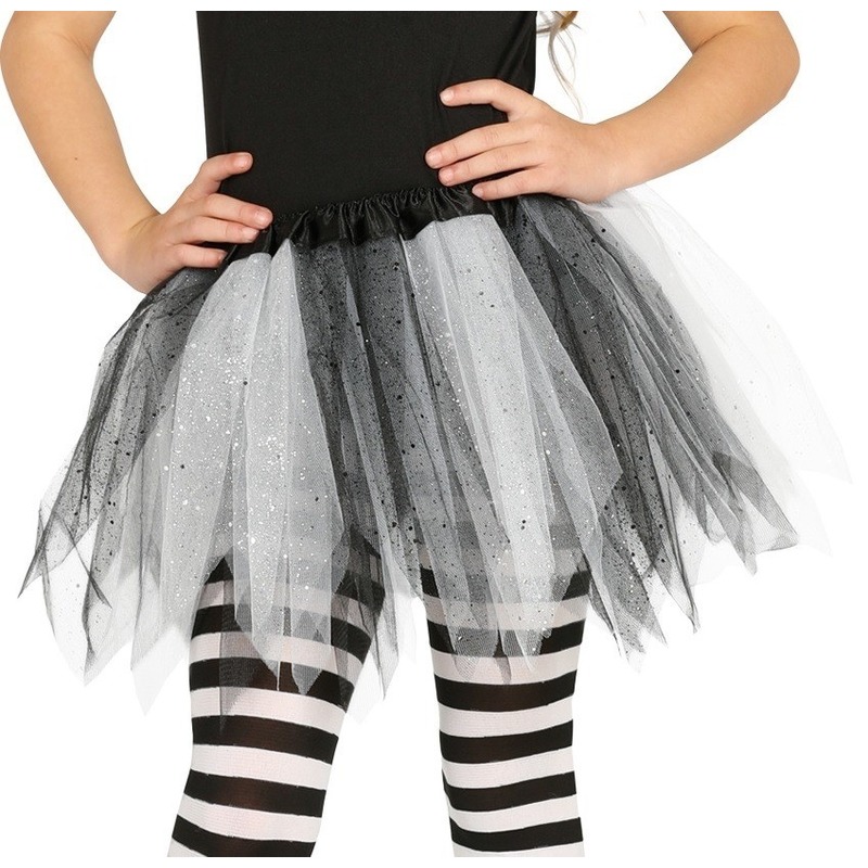 Heksen verkleed petticoat/tutu zwart/wit glitters voor meisjes