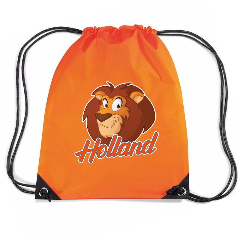 Holland cartoon leeuw voetbal rugzakje - sporttas met rijgkoord oranje