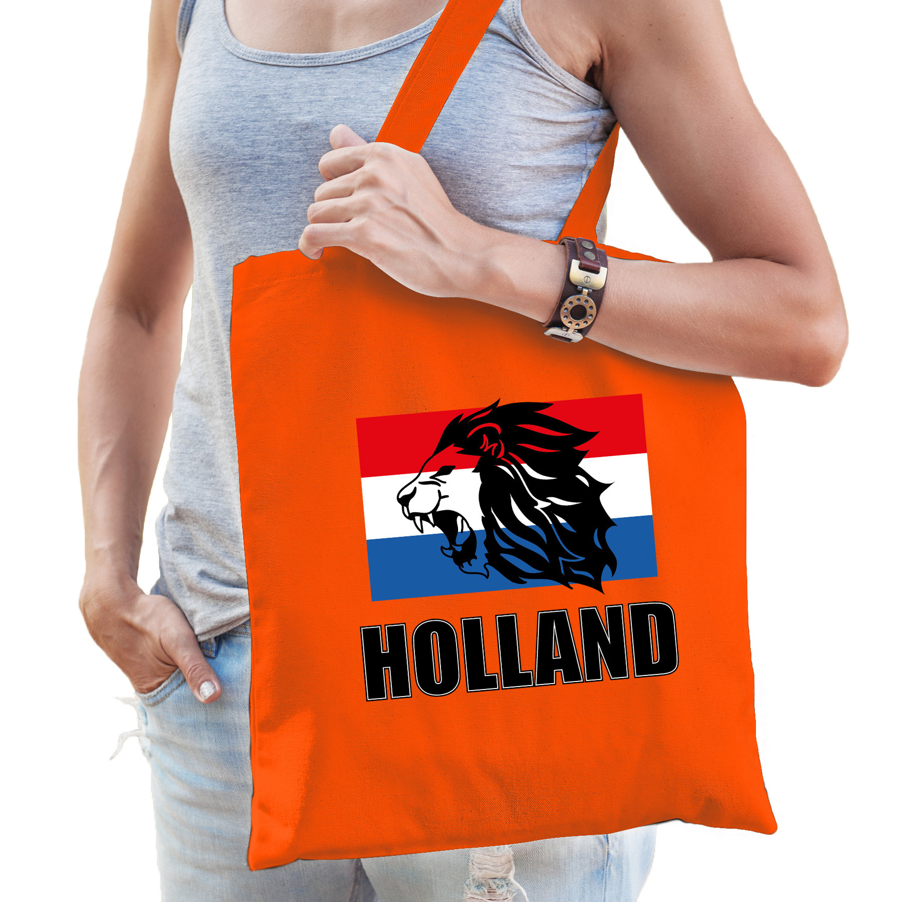 Holland leeuw met vlag supporter cadeau tas oranje voor dames en heren