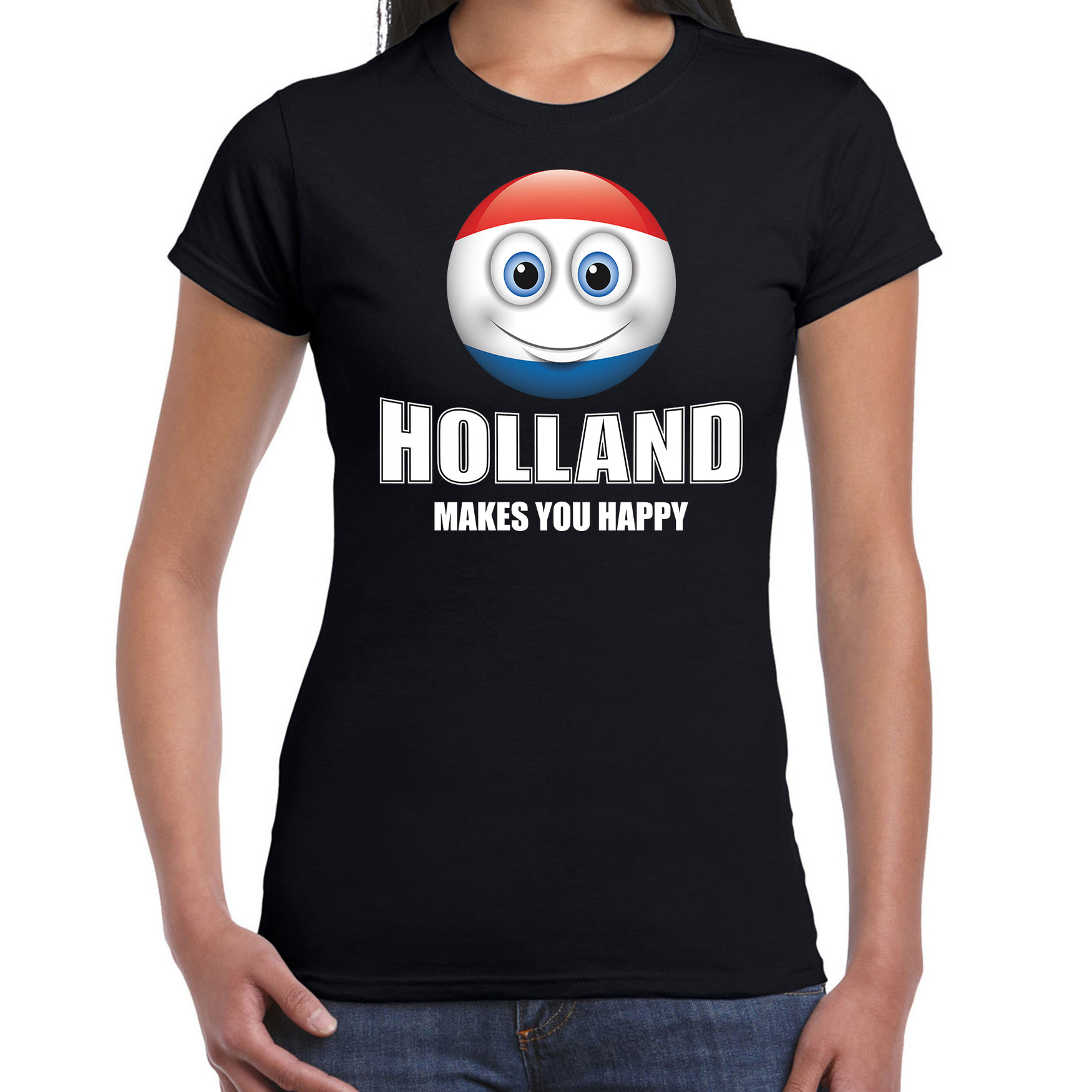 Holland makes you happy landen t-shirt Nederland zwart voor dames met emoticon