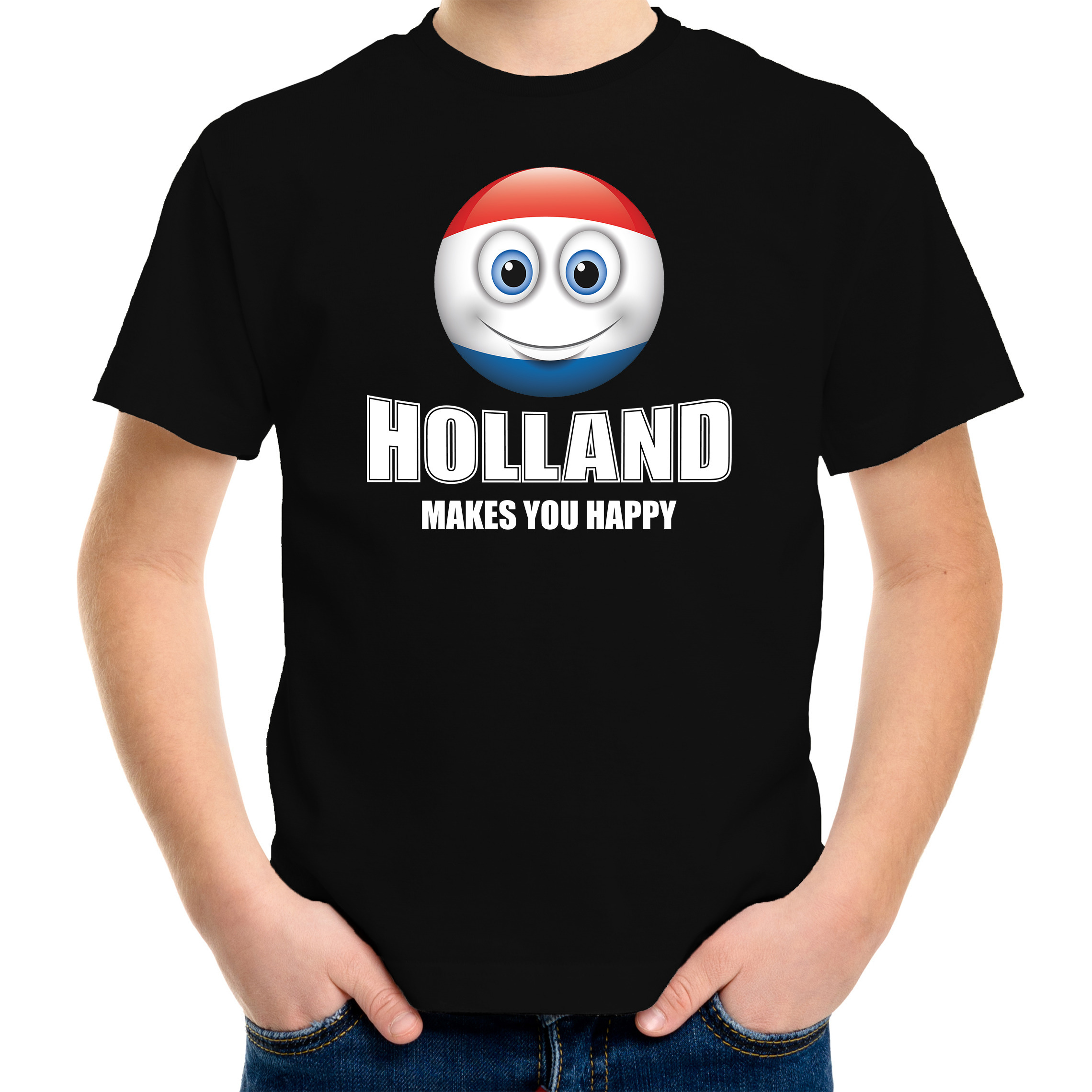 Holland makes you happy landen t-shirt Nederland zwart voor kinderen met emoticon