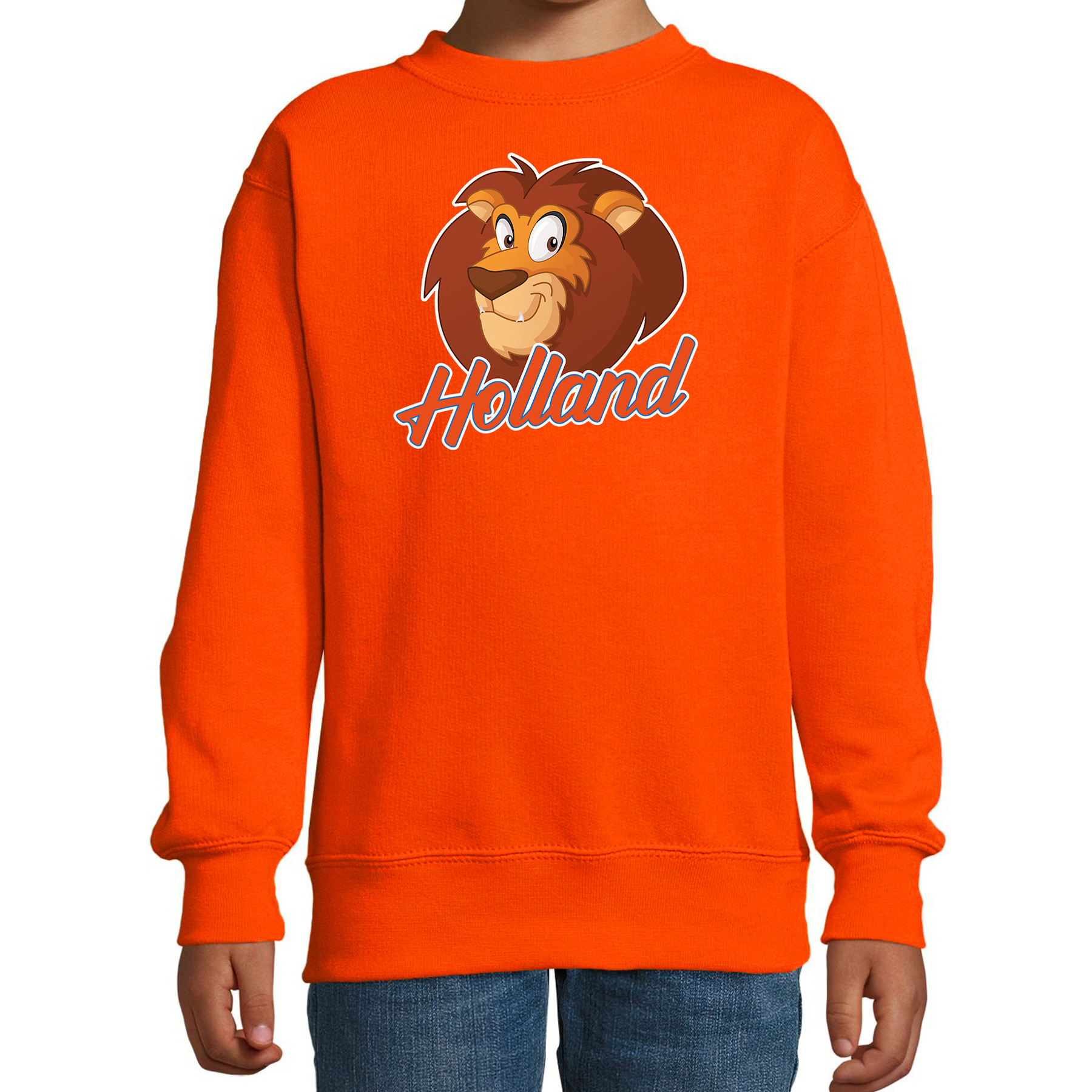Holland met cartoon leeuw oranje sweater - trui Holland/Nederland supporter EK/ WK fan voor kinderen
