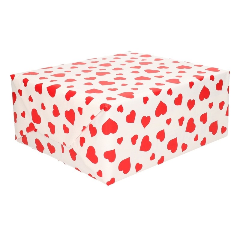 Inpakpapier/cadeaupapier wit met rode hartjes 200 x 70 cm op rol