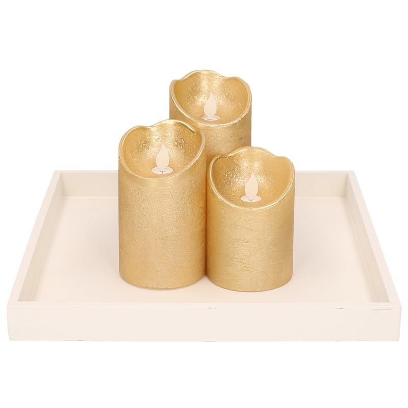 Kaarsenonderbord/plateau wit hout met 3x LED kaarsen goud