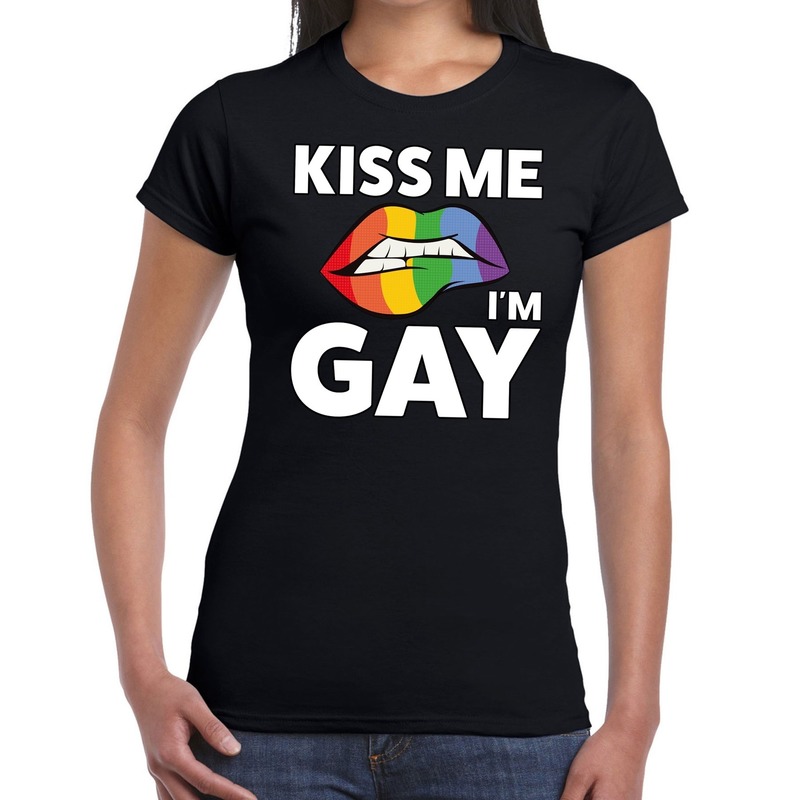 Kiss me I am gay t-shirt zwart dames