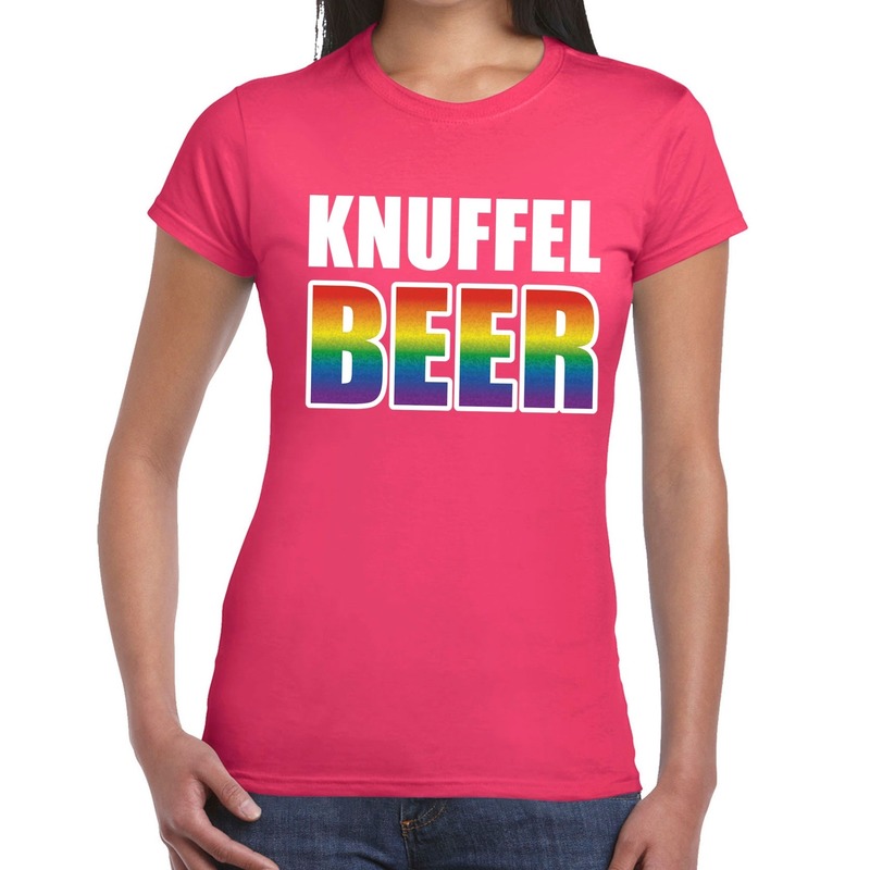 Knuffel beer gay pride t-shirt roze voor dames