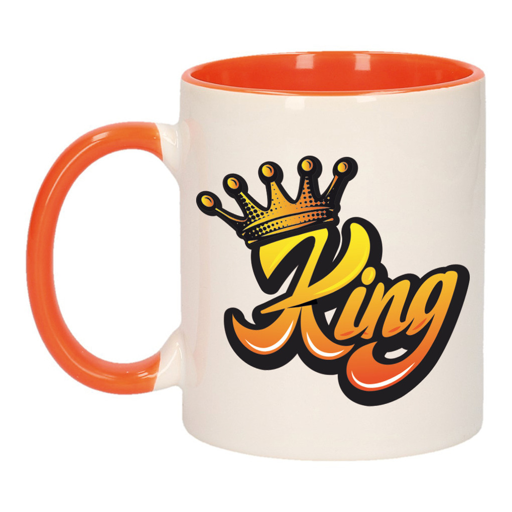 Koningsdag King met kroon mok/ beker oranje wit 300 ml