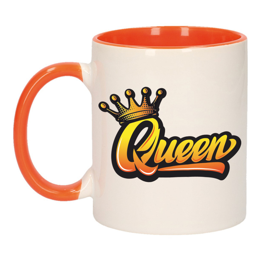 Koningsdag Queen met kroon mok/ beker oranje wit 300 ml