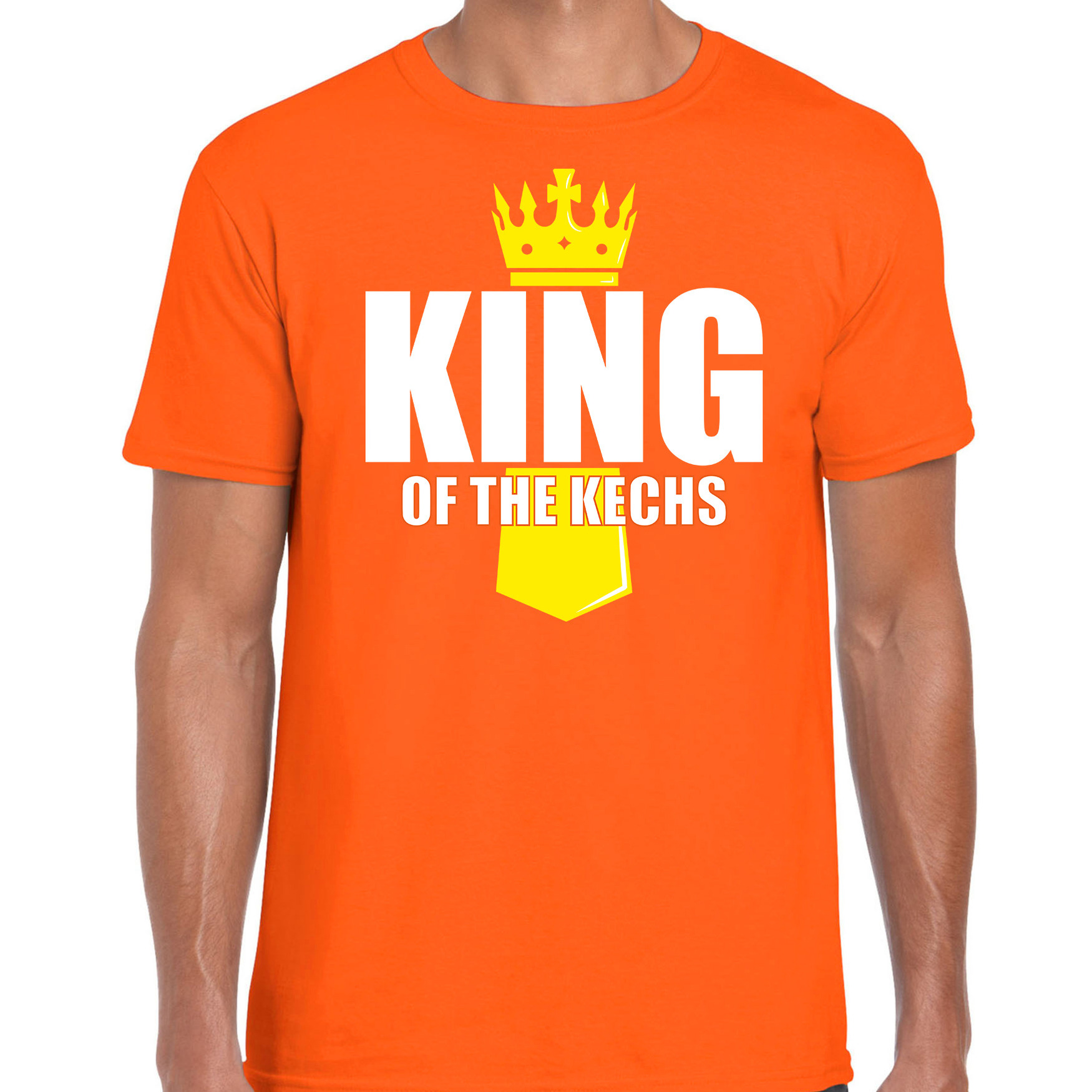 Koningsdag t-shirt King of the kechs met kroontje oranje voor heren