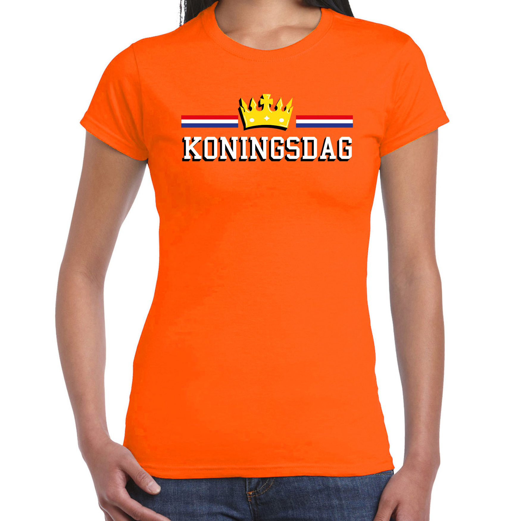 Koningsdag t-shirt met gouden kroon oranje voor dames - Koningsdag shirts