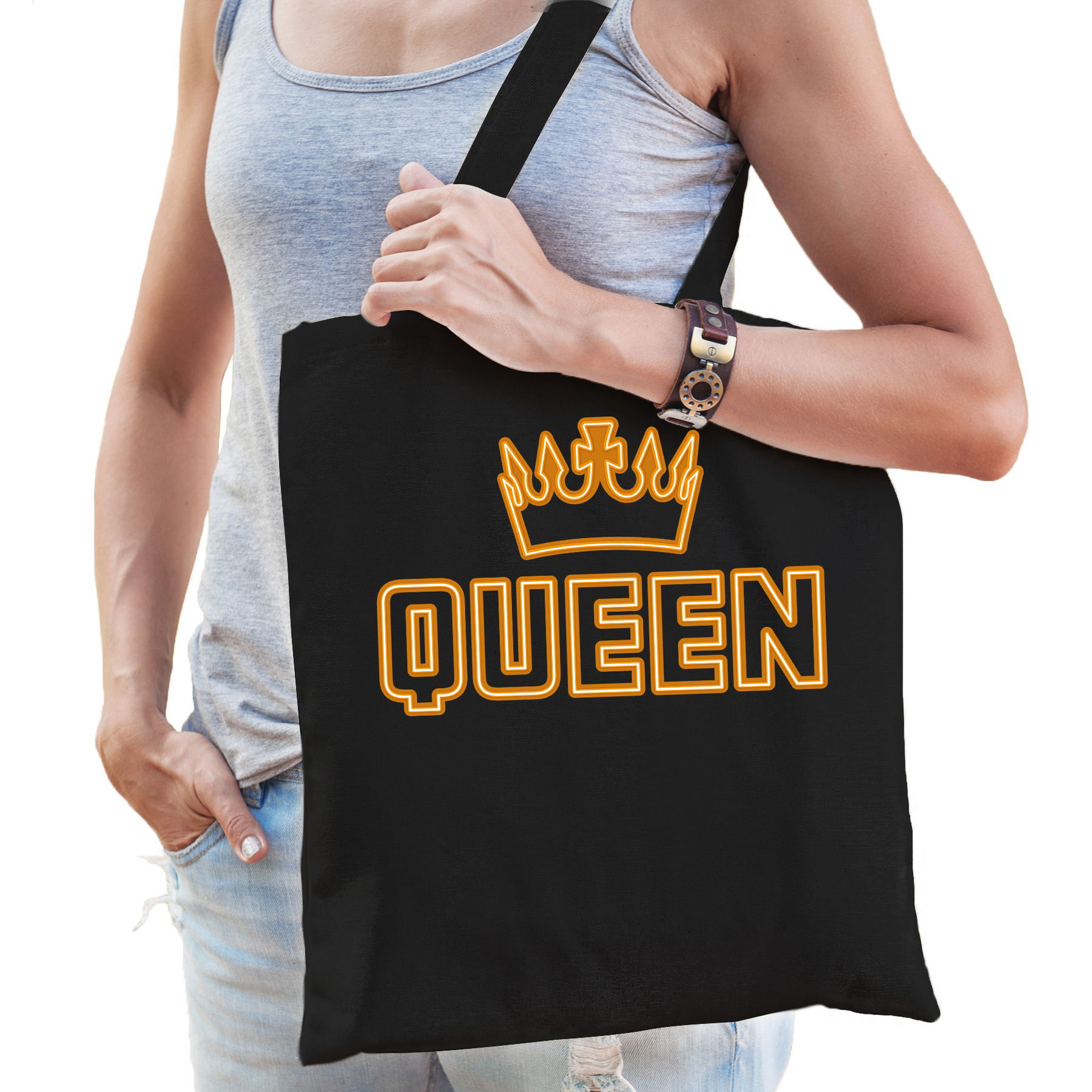 Koningsdag tas/shopper - queen - zwart - 42 x 38 cm - katoen