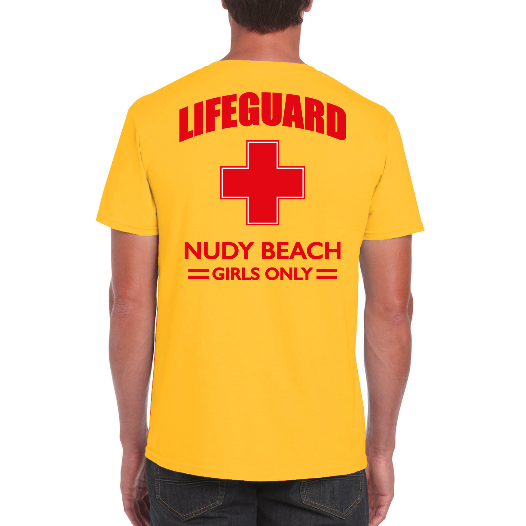 Lifeguard/ strandwacht verkleed t-shirt / shirt Lifeguard Nudy Beach girls only geel voor heren