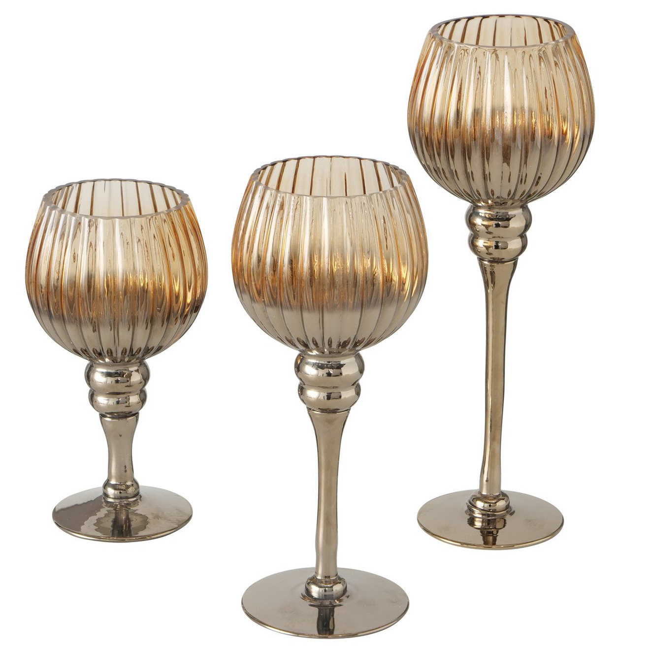 Luxe glazen design kaarsenhouders/windlichten set van 3x stuks brons transparant 20-30 cm
