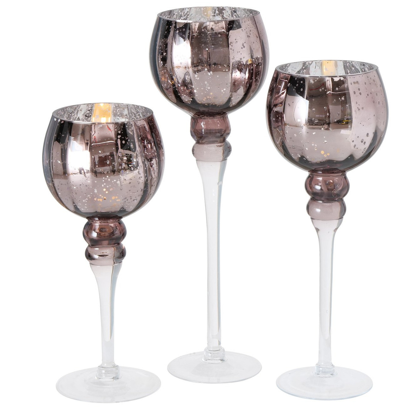 Luxe glazen design kaarsenhouders/windlichten set van 3x stuks metallic shiny taupe 30-40 cm
