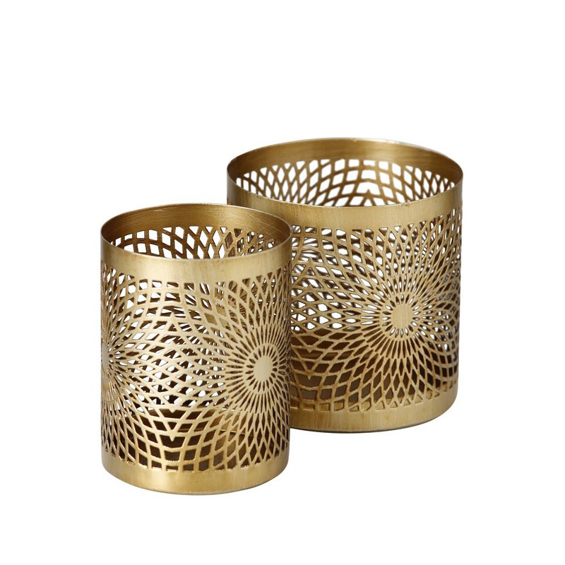Metalen design kaarsenhouders/windlichtjes goud set van 2x stuks 10 cm hoog