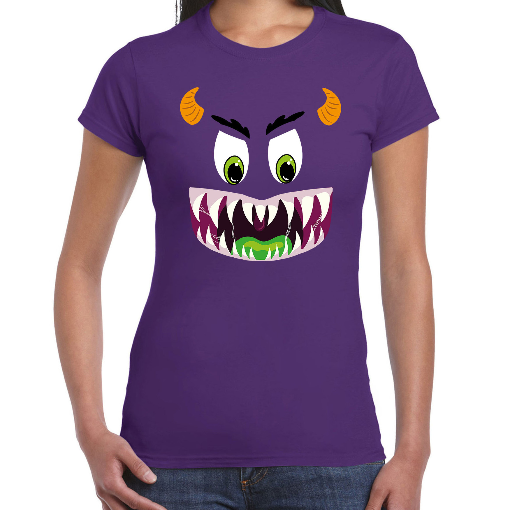 Monster gezicht halloween verkleed t-shirt paars voor dames