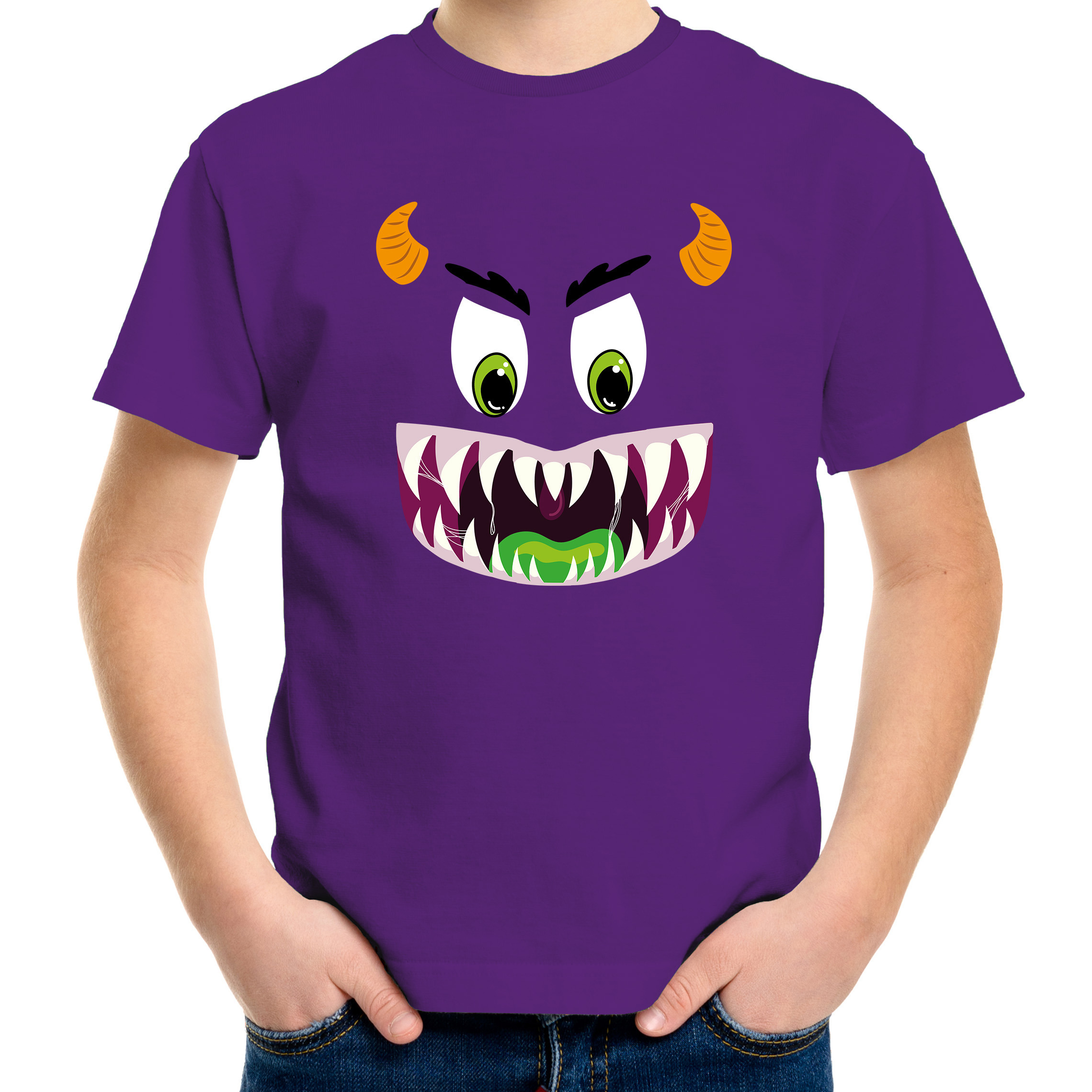 Monster gezicht halloween verkleed t-shirt paars voor kinderen