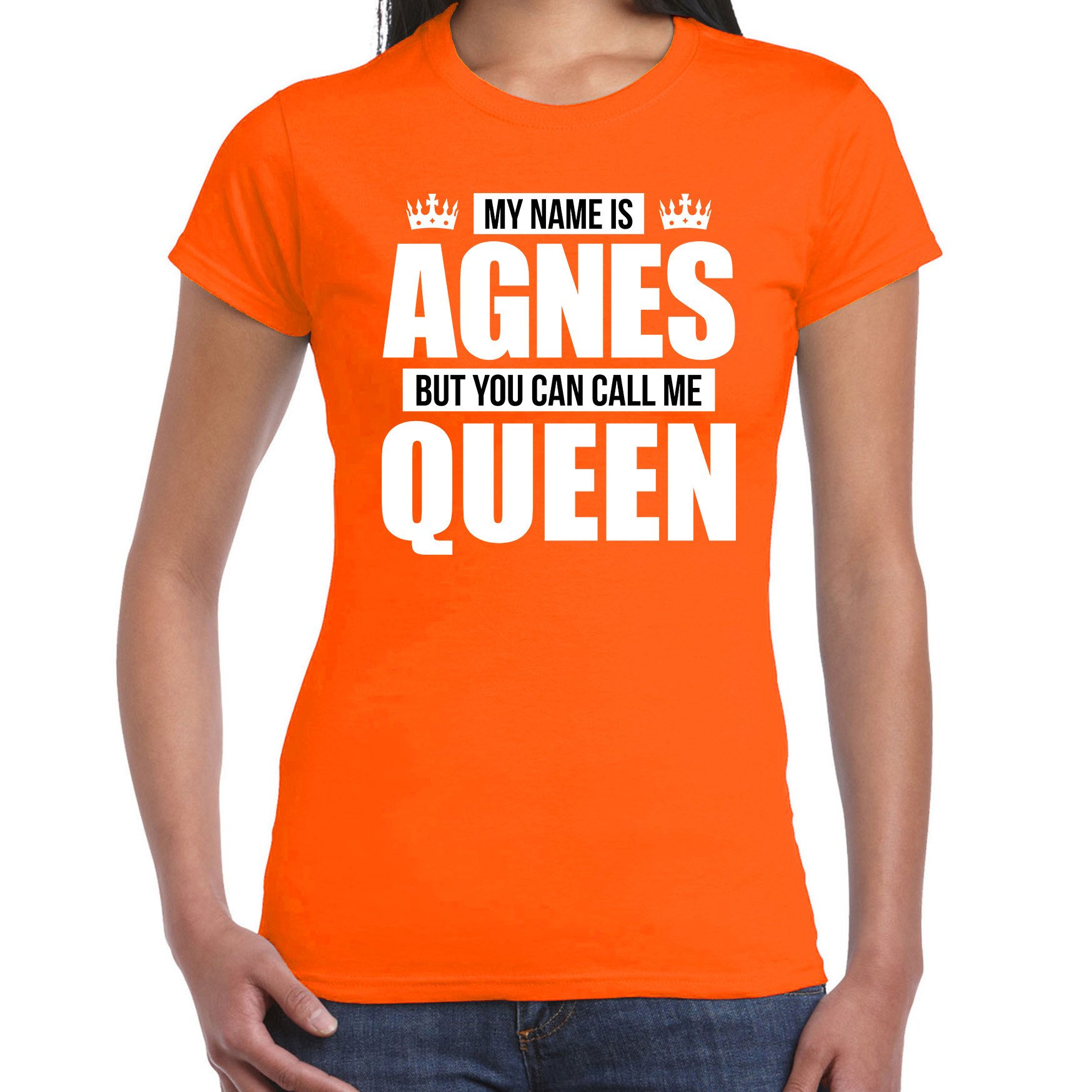 Naam cadeau t-shirt my name is Agnes - but you can call me Queen oranje voor dames