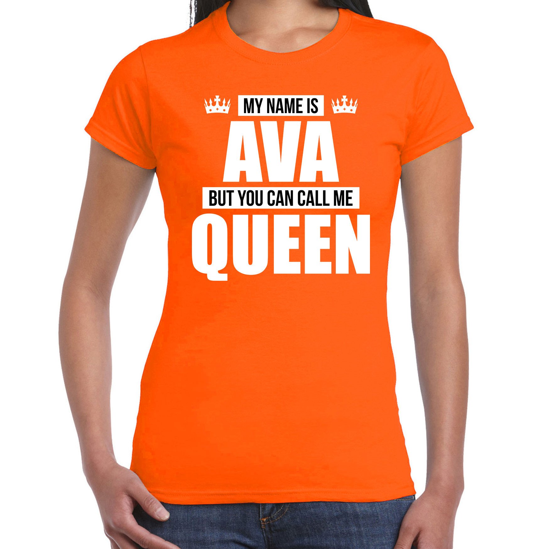 Naam cadeau t-shirt my name is Ava - but you can call me Queen oranje voor dames