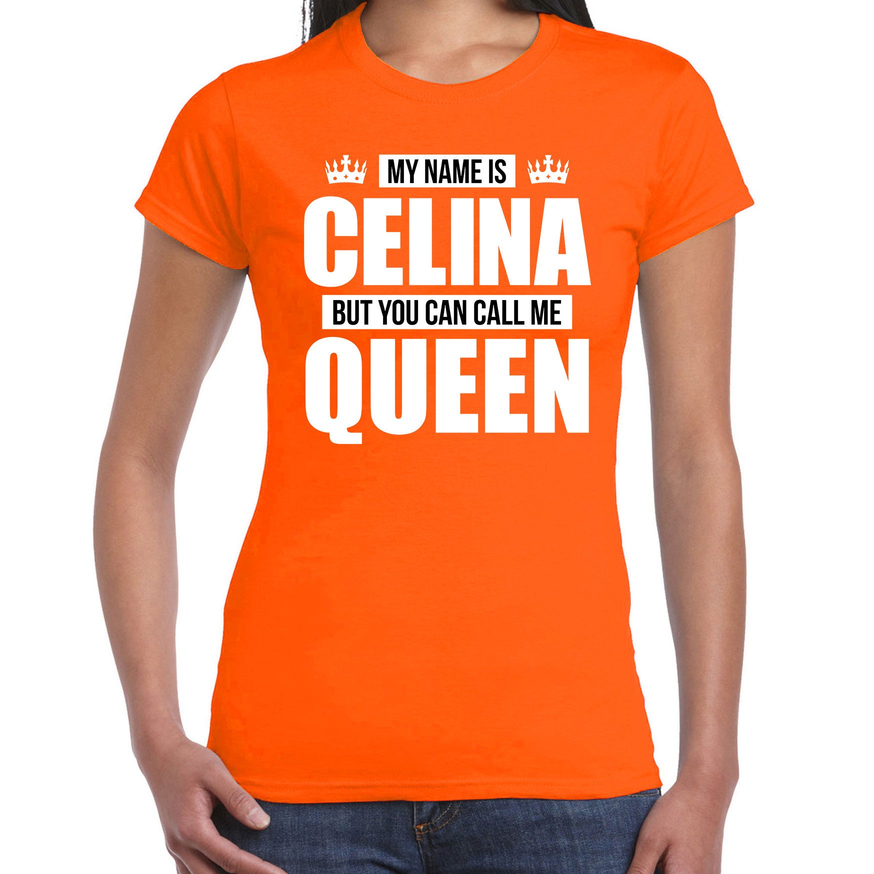 Naam cadeau t-shirt my name is Celina - but you can call me Queen oranje voor dames