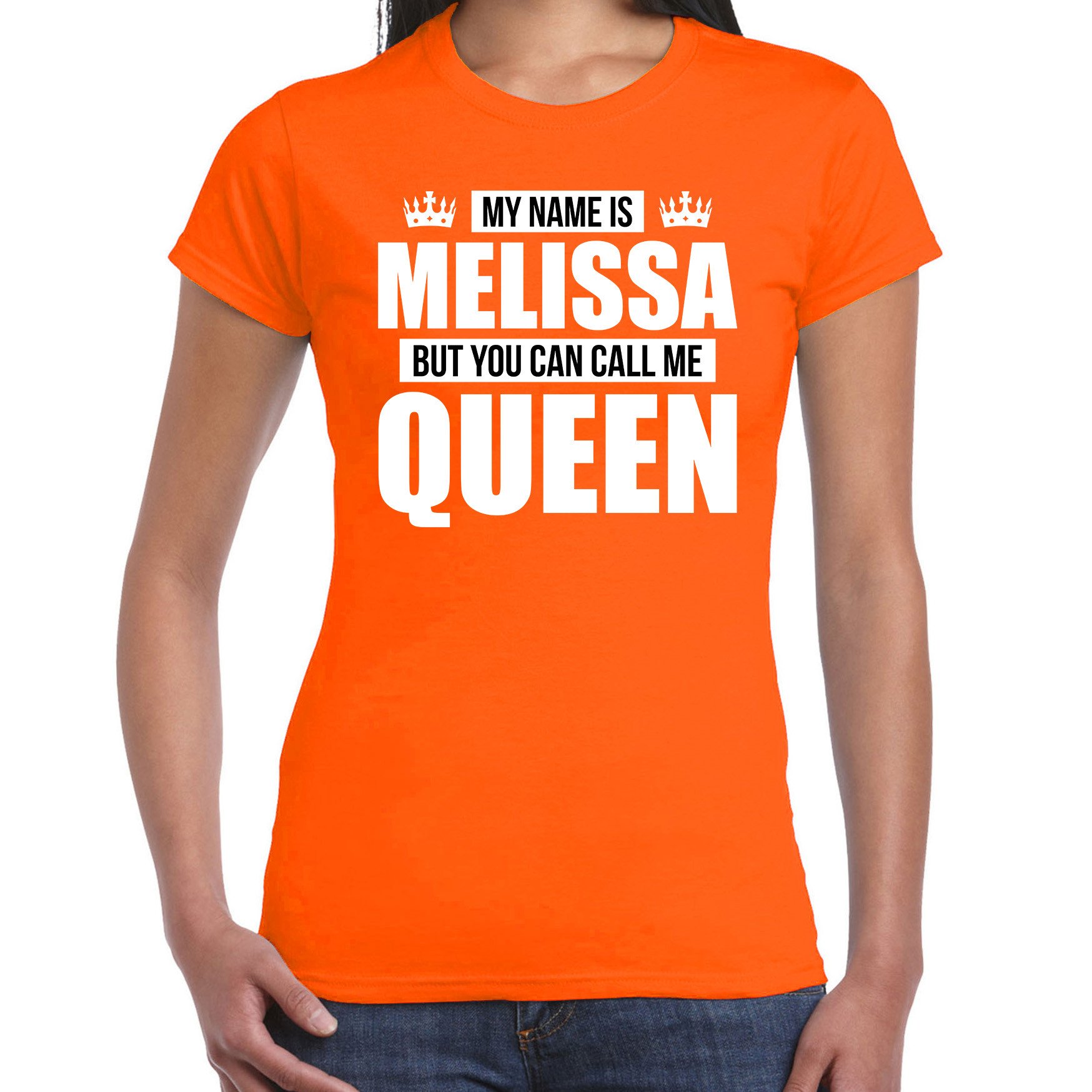 Naam cadeau t-shirt my name is Melissa - but you can call me Queen oranje voor dames
