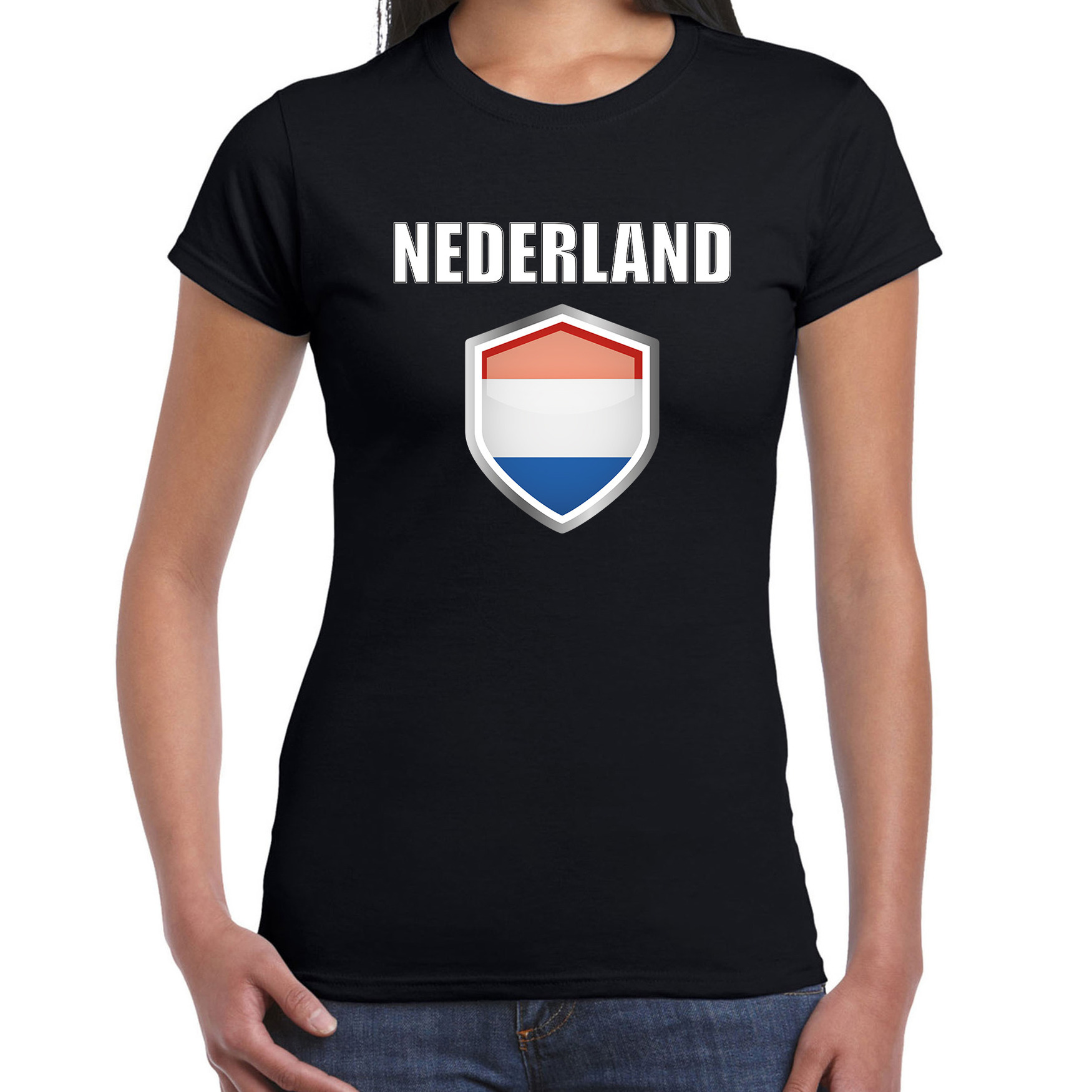 Nederland landen supporter t-shirt met Nederlandse vlag schild zwart dames