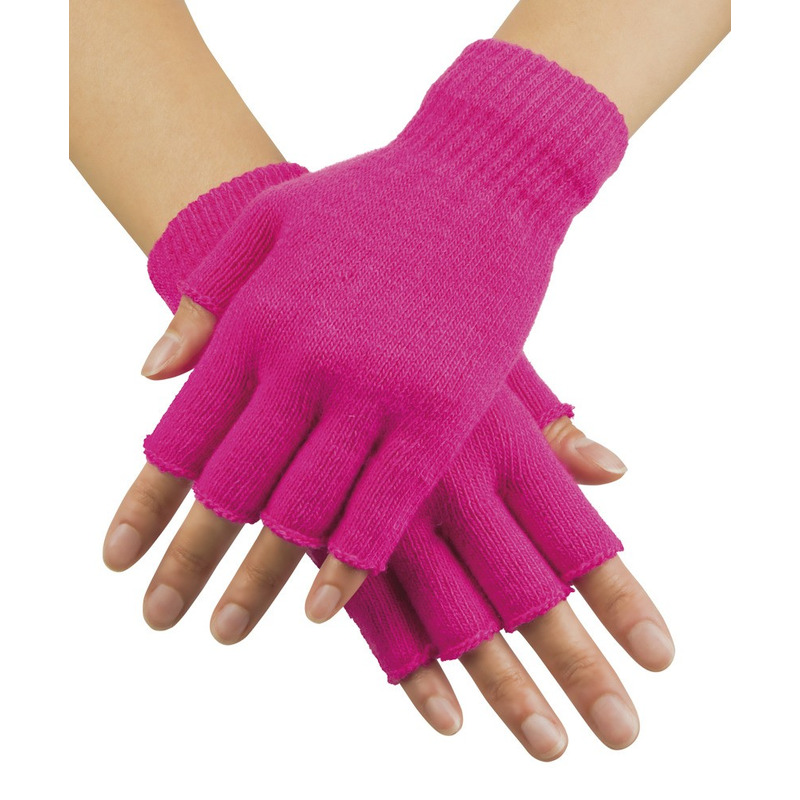 Neon roze handschoenen vingerloos gebreid voor volwassenen
