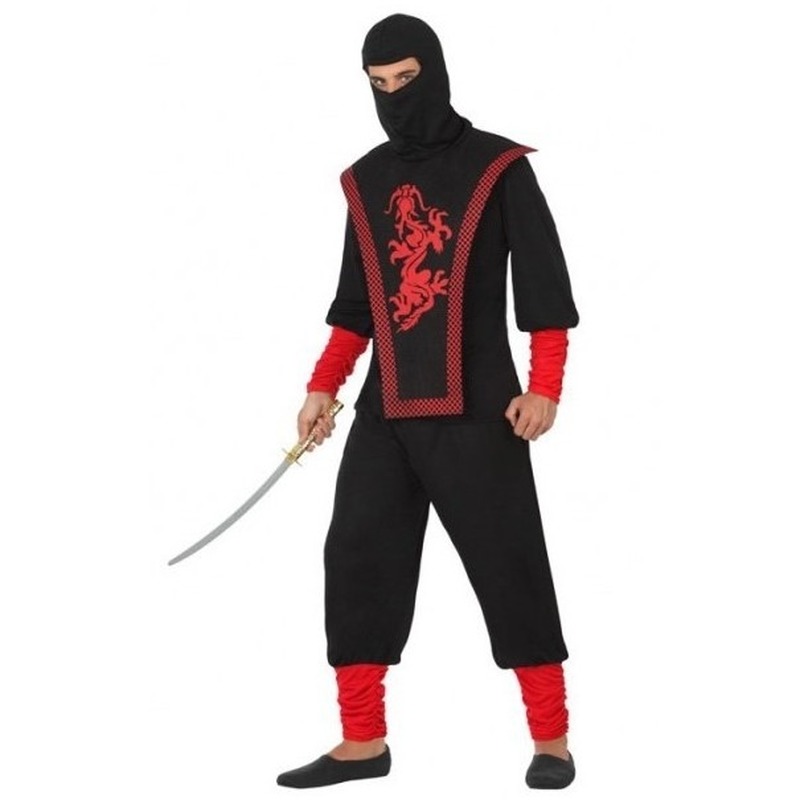 Ninja vechter verkleed kostuum zwart/rood voor heren