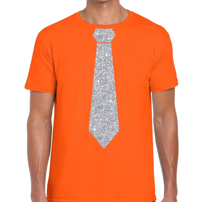 Oranje fun t-shirt met stropdas in glitter zilver heren