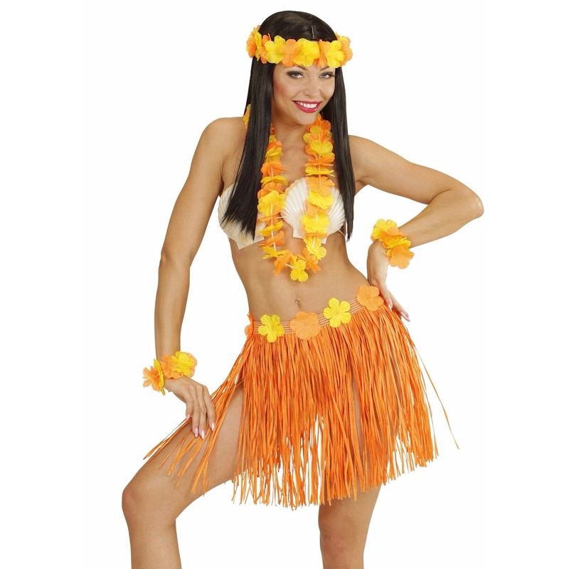Oranje Hawaii verkleedset rokje en kransen voor dames