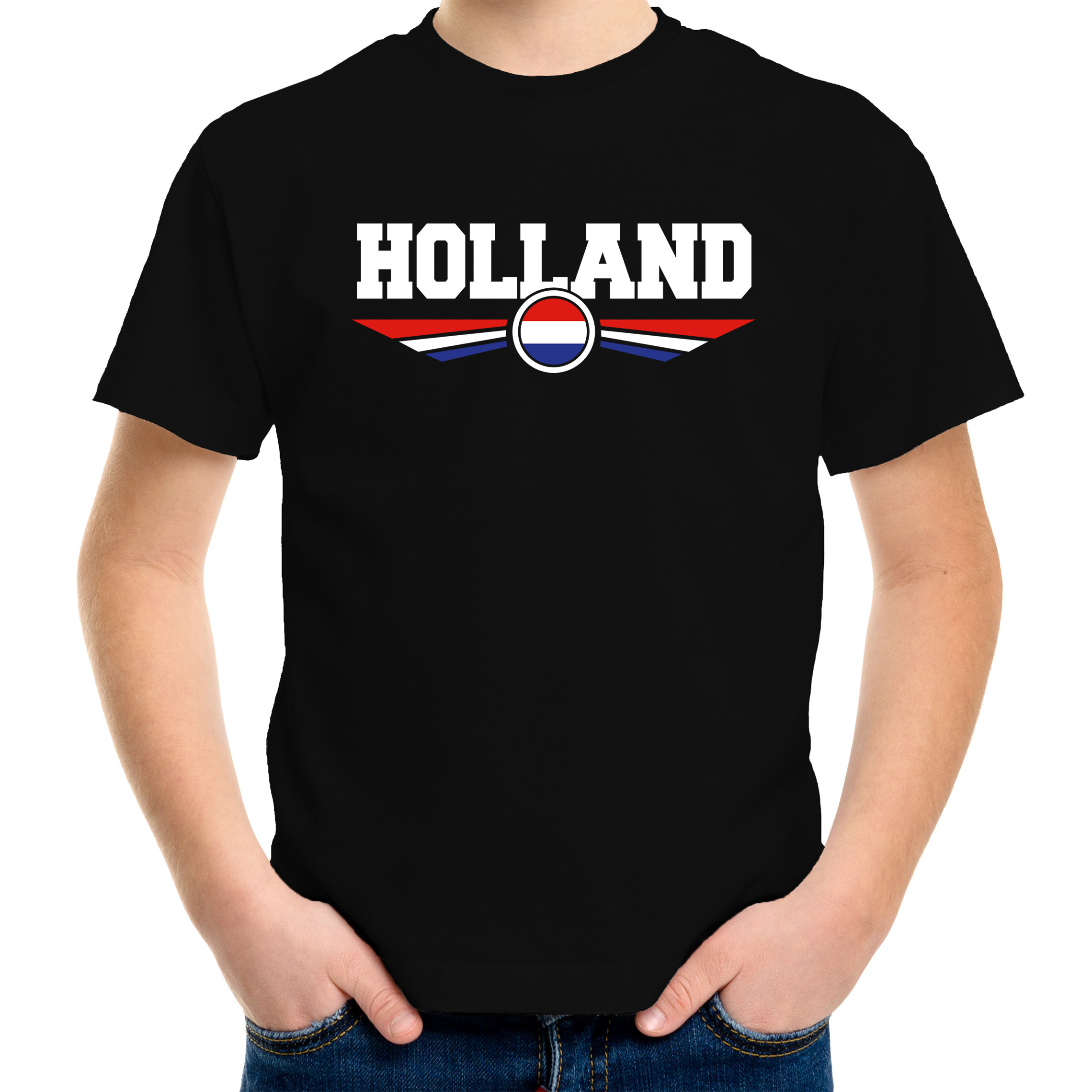 Oranje / Holland supporter t-shirt / shirt zwart met Nederlandse vlag voor kids