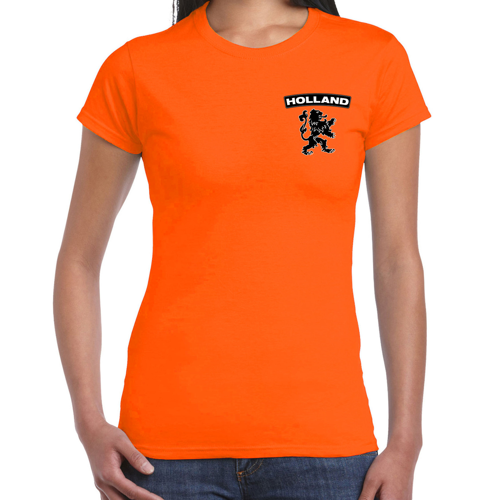 Oranje shirt met oranje leeuw embleem op borst dames - Holland - Nederland supporter shirt EK/ WK
