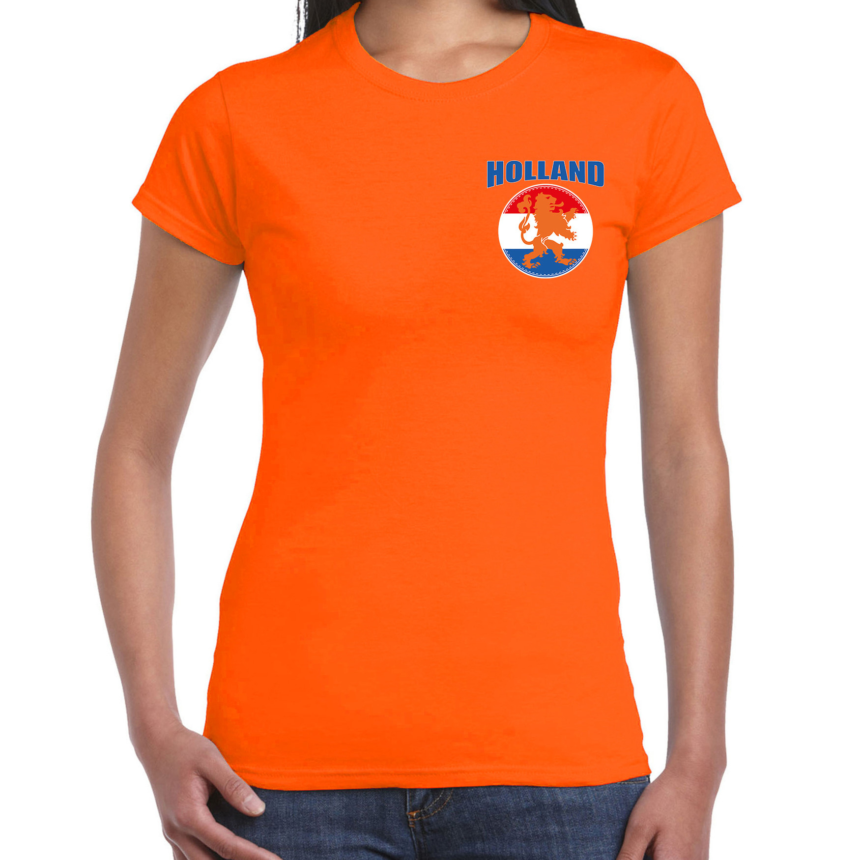 Oranje shirt met vlag cirkel leeuw embleem op borst heren - Holland supporter shirt EK/ WK
