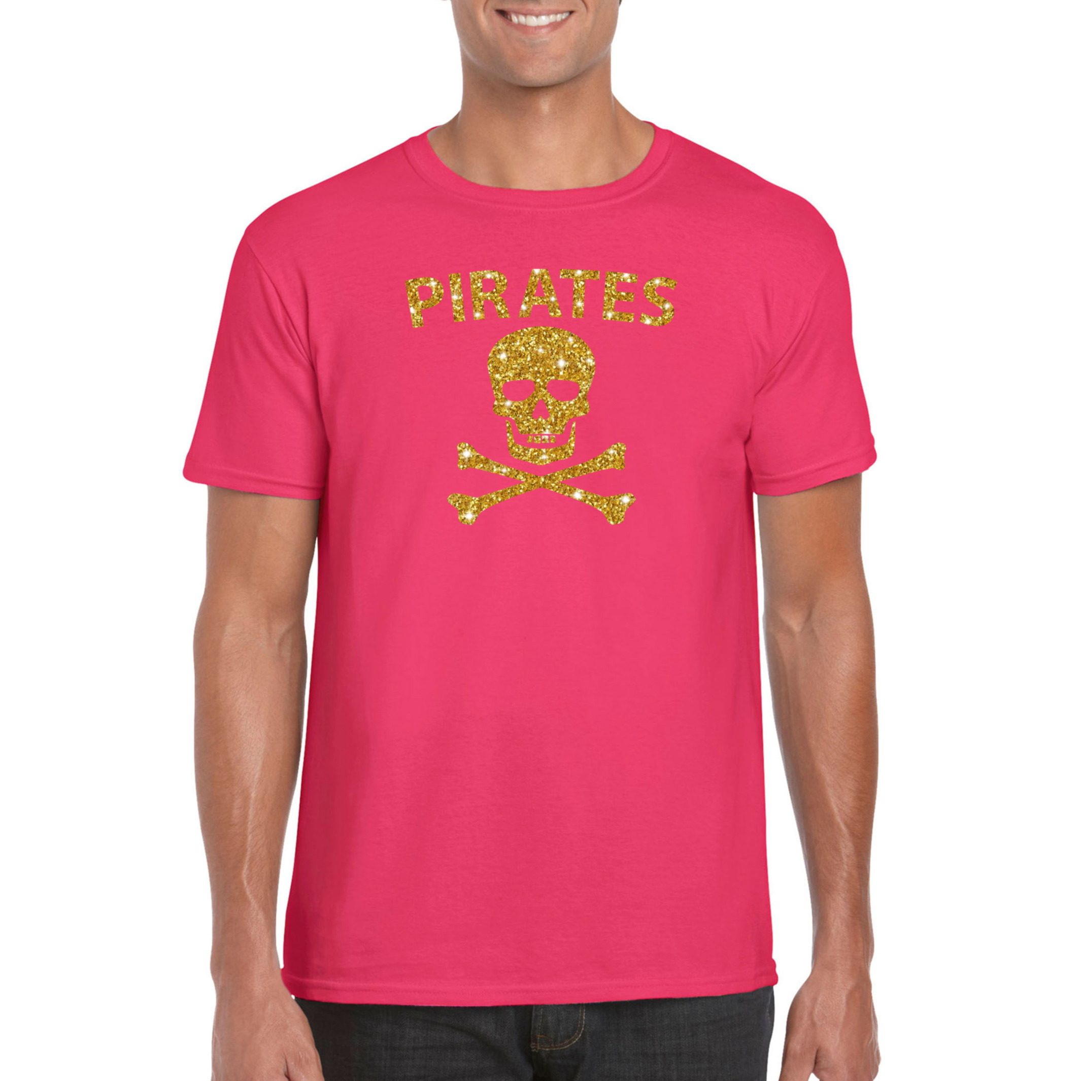 Piraten shirt / foute party verkleed kostuum / outfit goud glitter roze heren