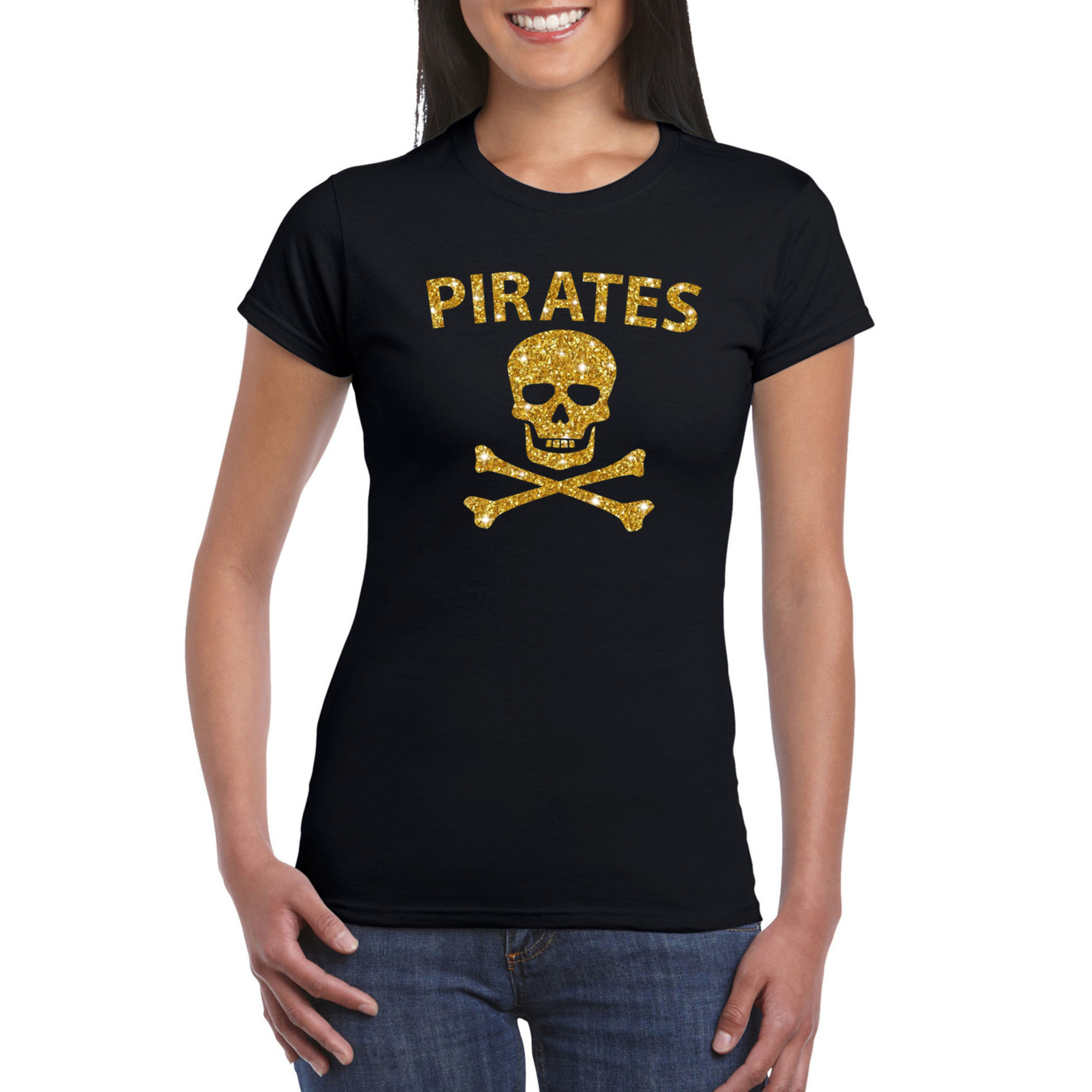 Piraten shirt / foute party verkleed kostuum / outfit goud glitter zwart dames