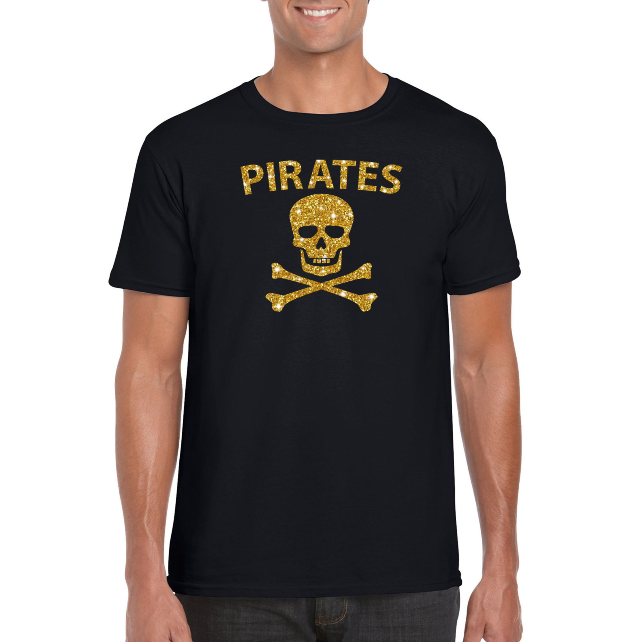 Piraten shirt / foute party verkleed kostuum / outfit goud glitter zwart heren