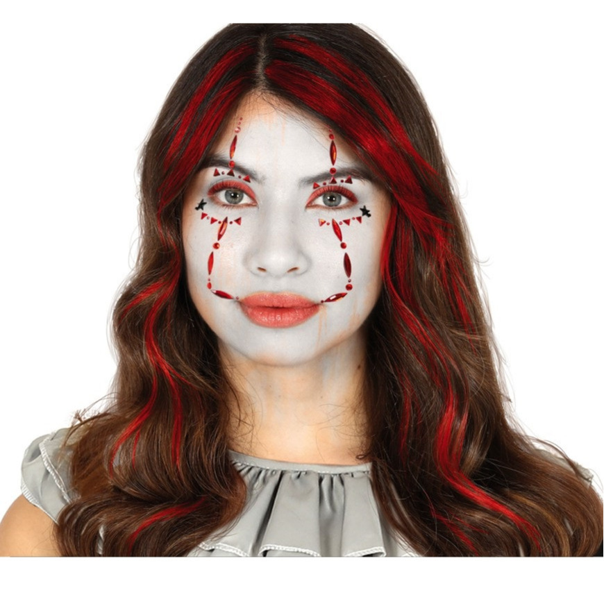 Plak diamantjes horror clown gezicht versiering rood/zwart