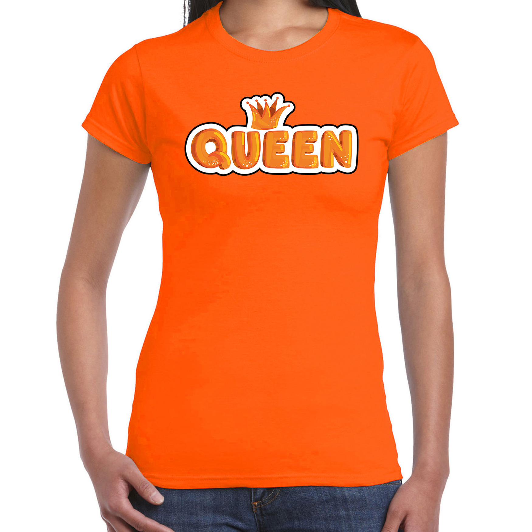 Queen in cartoon letters t-shirt oranje voor dames - Koningsdag shirts