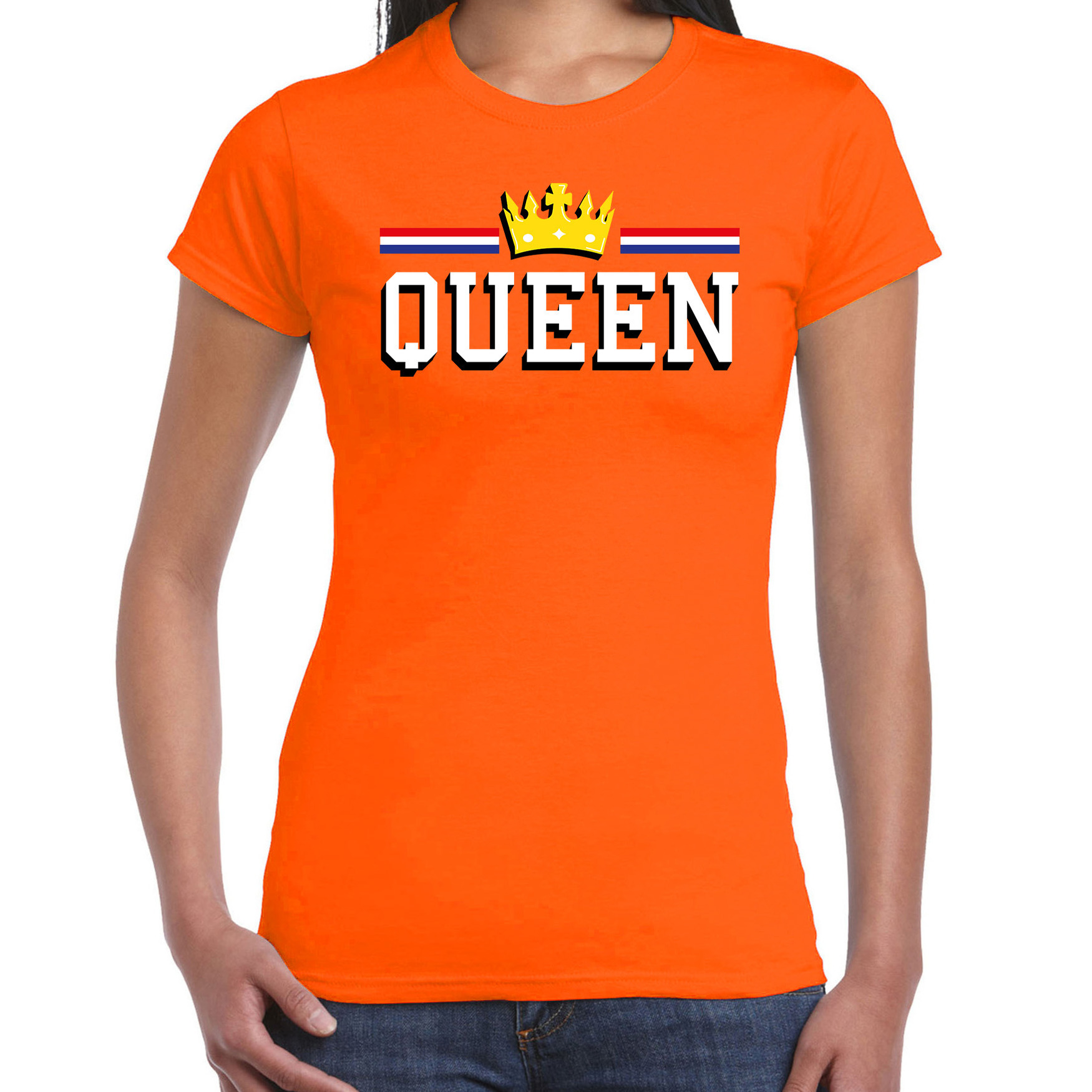 Queen met gouden kroon t-shirt oranje voor dames - Koningsdag shirts