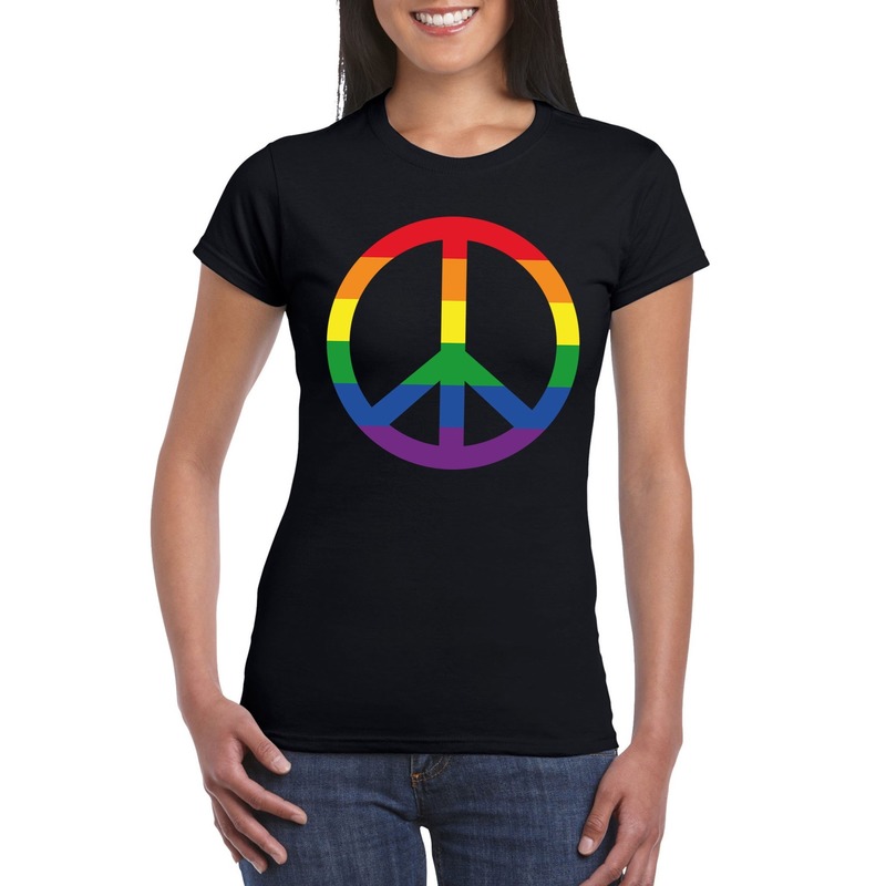 Regenboog peace teken shirt zwart dames