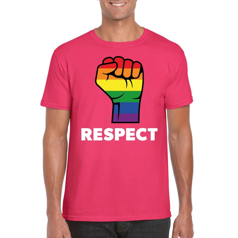 Respect LGBT shirt met regenboog vuist roze heren